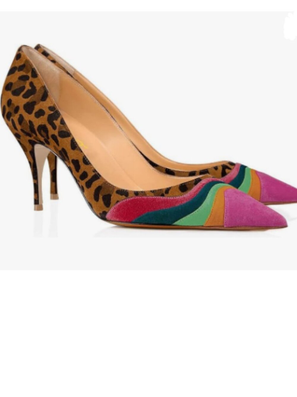 FOWT Leopard Pumps High Heel Pointed Toe Pump Slip-on Rainbow Shoes for Ladies